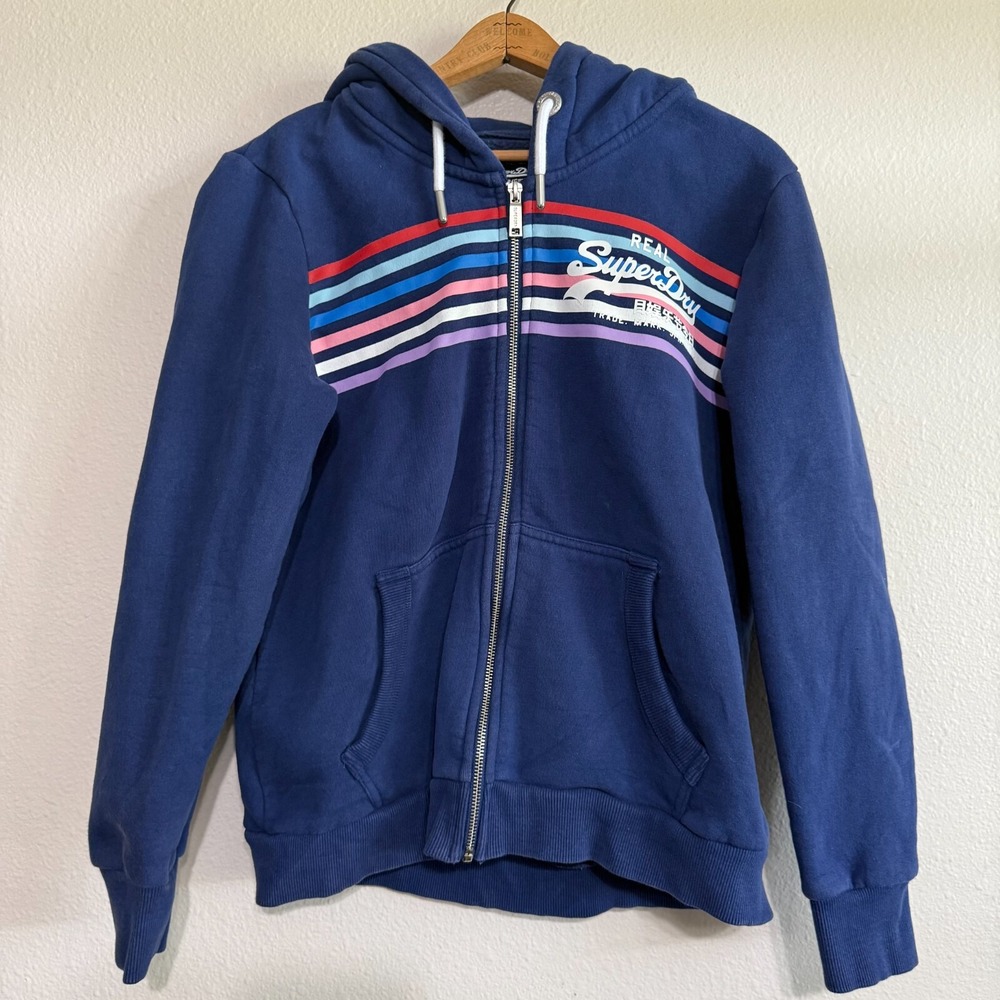 Superdry Full Zip Hoodie Womens Size 12 Blue Long Sleeve Y2K Retro Med Large